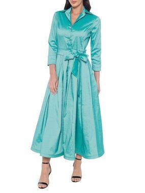 MARINA SATIN TURQUOISE 3/4 SLEEVE MIDI DRESS WITH WAIST BOW SIZE M NWT